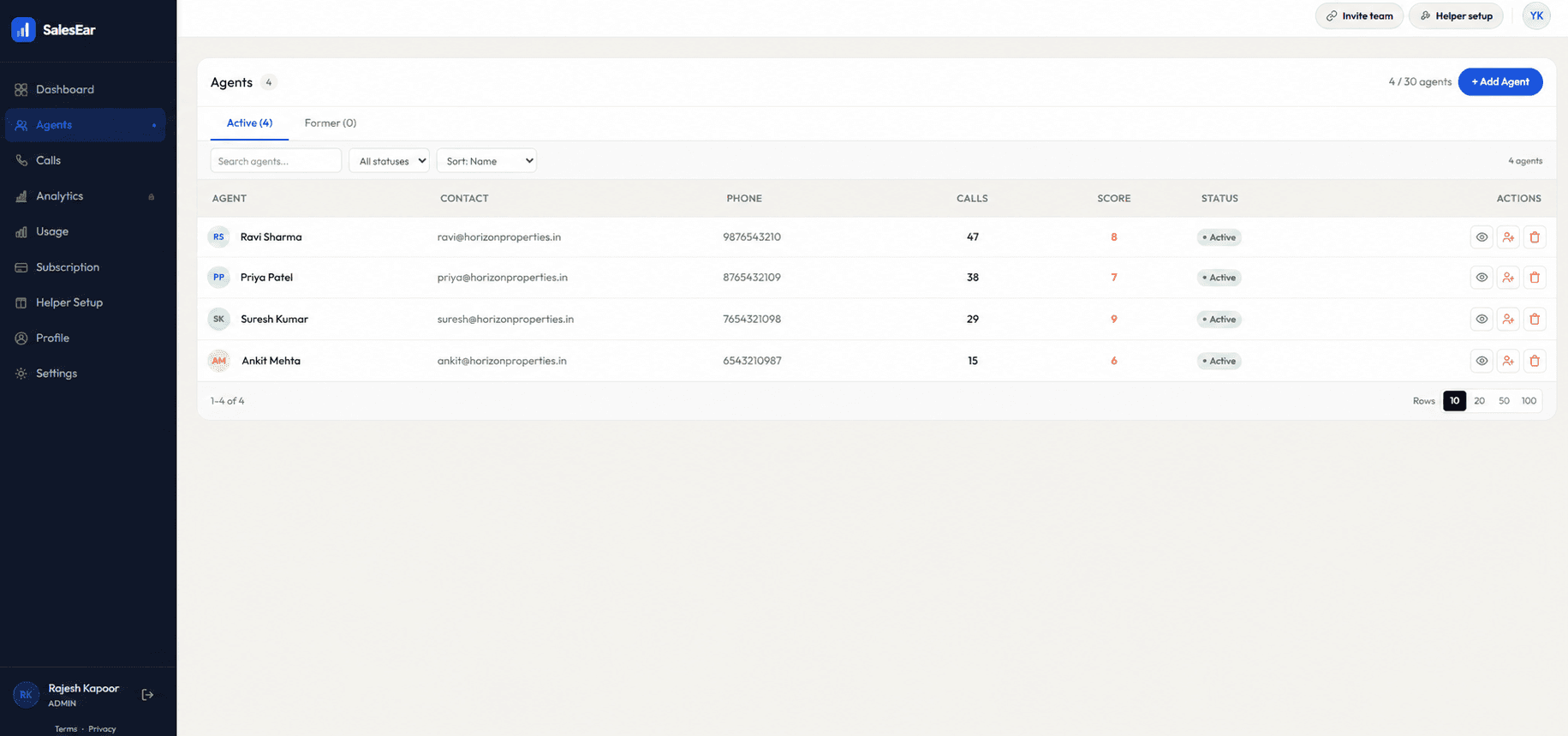 SalesEar agents screen showing four agents with names, phone numbers, call counts, and performance scores