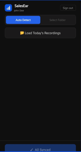SalesEar Android app showing Auto Detect mode with all recordings synced